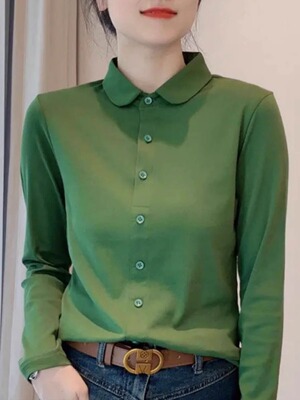 翻领长袖t恤女式春秋新时尚韩式女式衬衫Polo领衬衫底裤衬衫上衣