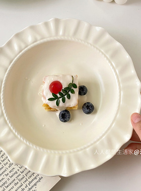 浅白doo盘子法式餐具陶瓷ins高级花边碗新款深盘西餐盘沙拉盘微瑕