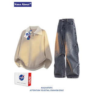 长袖 NASA 宽松百搭男士 复古秋冬季 毛衣休闲运动两件套男 ABOUT美式