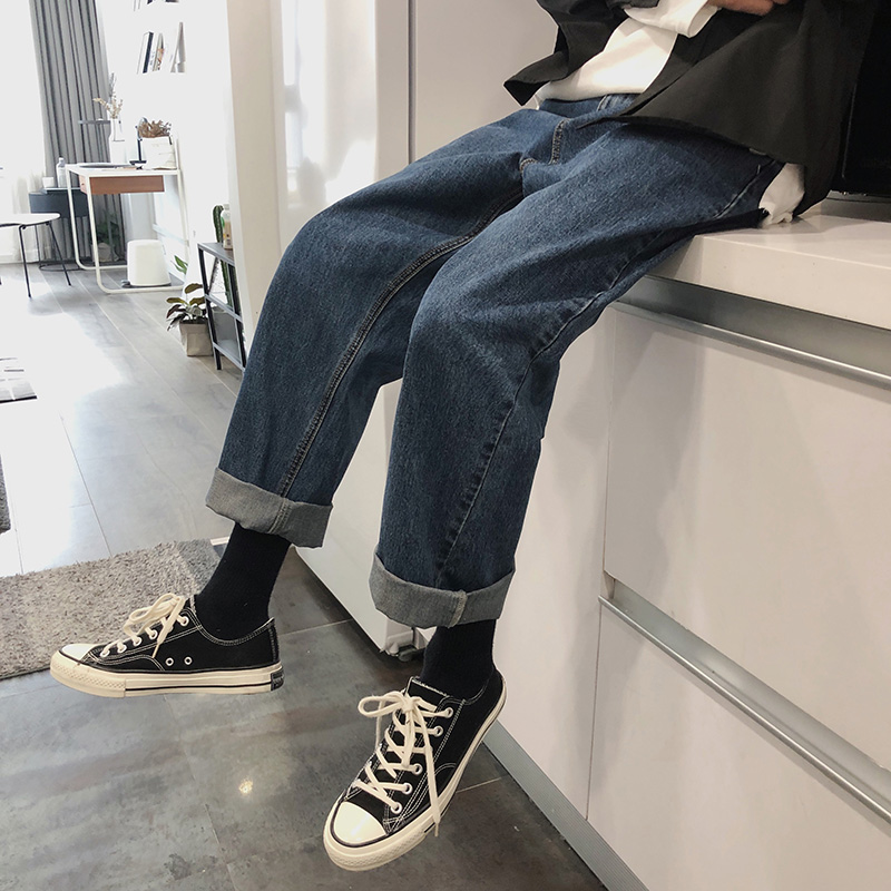 秋季牛仔裤男宽松直筒阔腿九分裤男士港风潮流休闲学生百搭长裤子