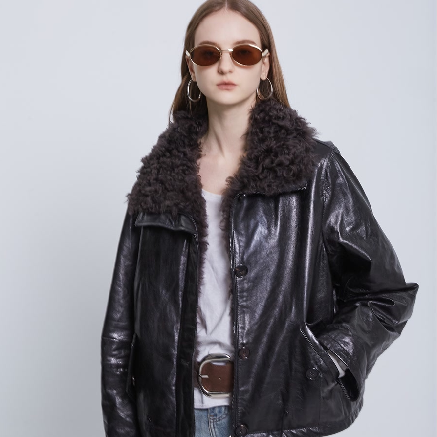HERDERS 短款厚款毛领翻领羊皮鹅绒羽绒服女士外套 52297