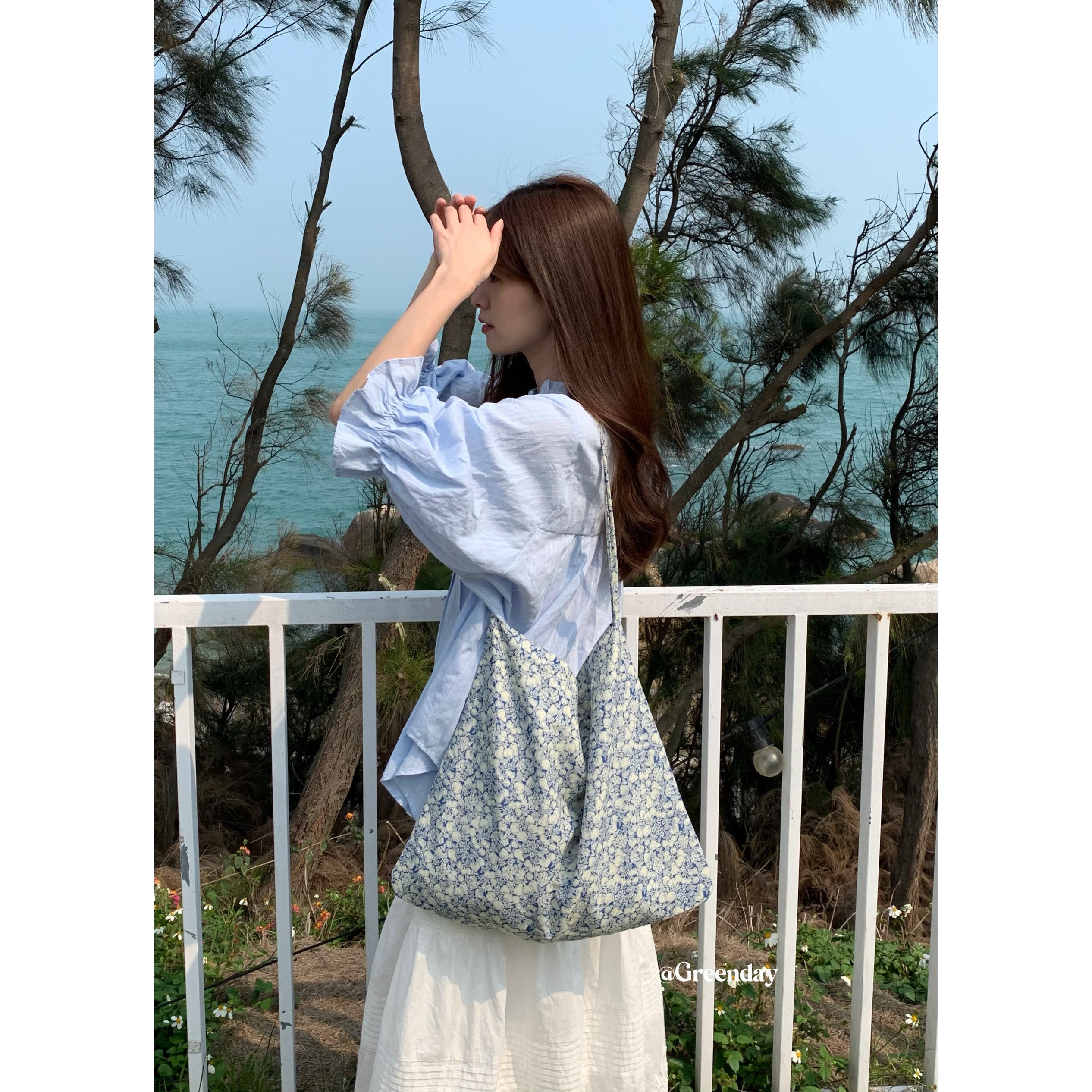 韩系晴山蓝碎花帆布包春夏新款小清新少女单肩包百搭大容量斜挎包