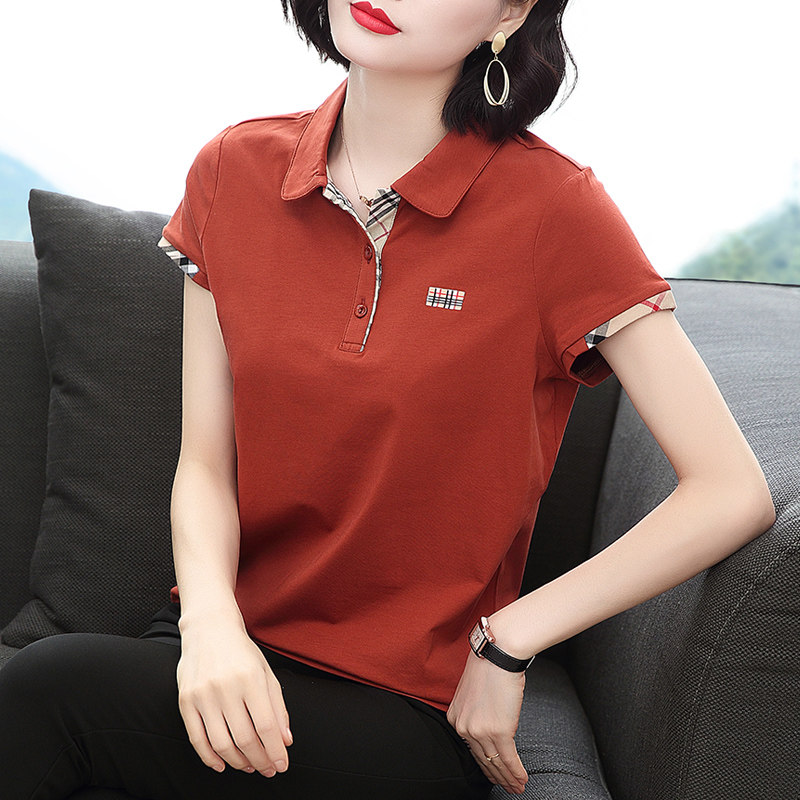 칼라 반팔 티셔츠 여성 루즈 2024 여름 신작 순수 코튼 칼라 대형 바디 셔츠 옷깃 폴로 셔츠