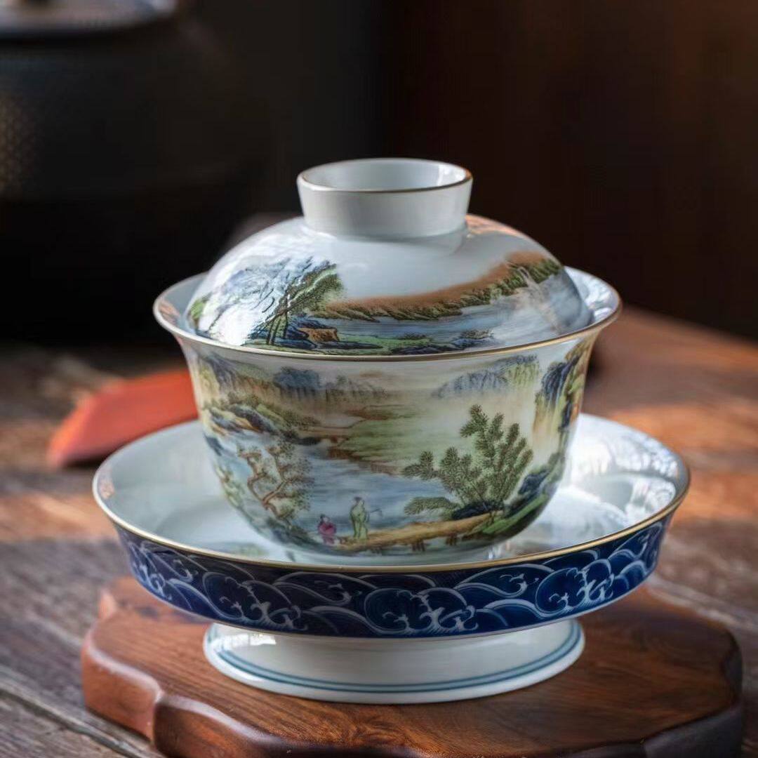 富春山居图盖碗景德镇陶瓷茶具