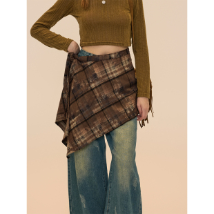 RUGM 复古斑驳晕染格纹裙帘女2024小众设计感罩裙 Stitch哥特