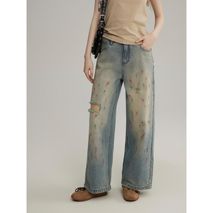 美式 holka 复古做旧破洞牛仔裤 女2025春季 子 RUGM 擦色裤 Retro