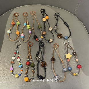 ins复古蜡油串珠手机壳挂链水杯车钥匙挂绳airpods壳挂饰品