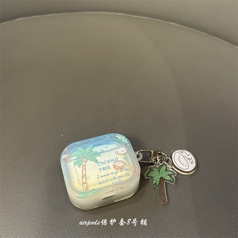 ins透绿色椰子树小猫适用苹果无线蓝牙耳机保护套airpods pro1代2代3代壳,3C数码配件,耳机保护套,淘宝优惠券,粉丝福利购,淘宝优惠卷