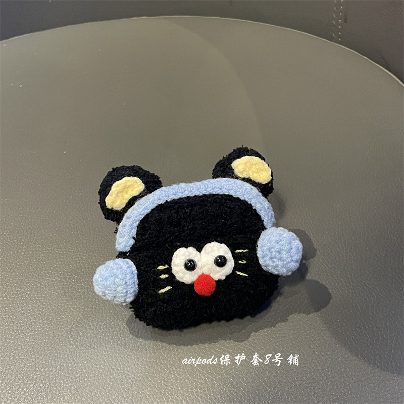 毛绒可爱黑色音乐小猫咪适用于苹果airpods pro1代2代3代4代耳机壳保护套