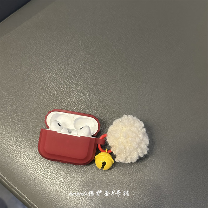 简约酒红色铃铛毛球适用苹果无线蓝牙airpods pro1代2代3代耳机保护套,3C数码配件,耳机保护套,淘宝优惠券,粉丝福利购,淘宝优惠卷