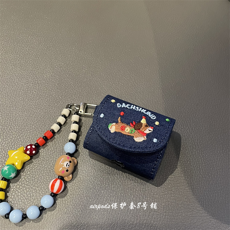 可爱牛仔刺绣腊肠狗狗耳机壳