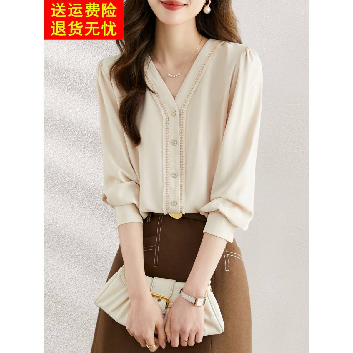 采购产品2025新款秋季服装,减少年龄,小香味,V领优雅t恤,法国