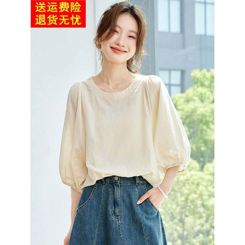法式纯棉短袖衬衣女夏季薄款中袖t恤圆领休闲遮肚子宽松衬衫上衣