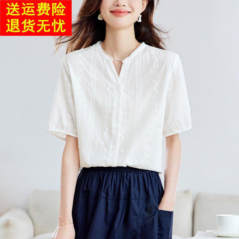 2025夏季V领刺绣纯棉衬衫女短袖时尚设计感白色衬衣正肩面试上衣