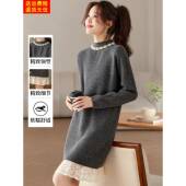 配大衣 领口钉珠蕾丝边针织连衣裙女2025新款 秋冬季 半高领毛衣裙