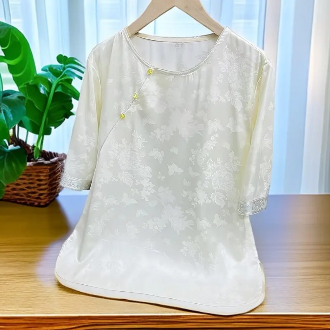 【织画】新中式国风提花拼接短袖t恤女夏季宽松圆领五分半袖上衣