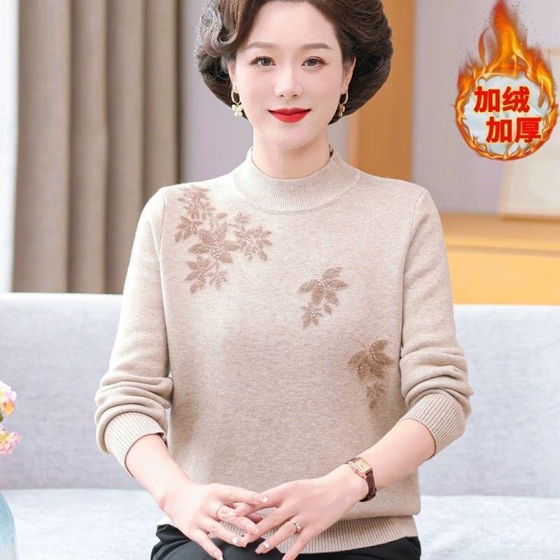 妈妈装秋冬加绒加厚毛衣一体绒针织打底衫中老年内搭宽松保暖上衣