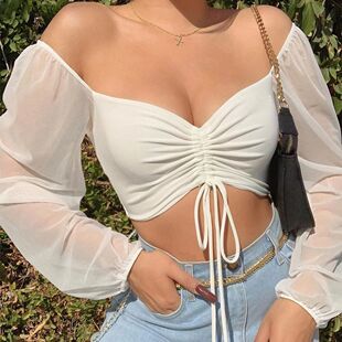 Tight and fashionable sexy shirt top V领抽绳灯笼袖衬衫上衣女
