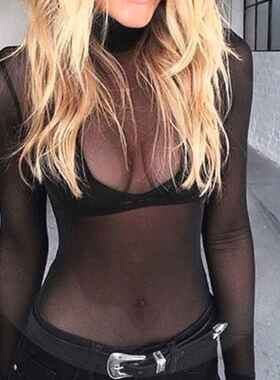 Mesh See Through Pure Top Semi Transparent Blouse Black Pink