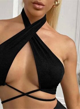 Hanging neck hollow strap cross vest女士挂脖镂空绑带交叉背心