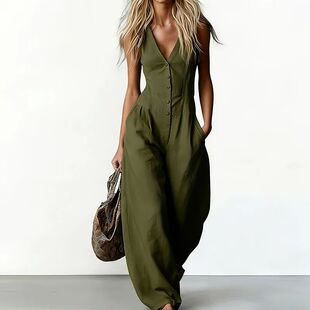 女士V领连体裤 Women's V-neck sleeveless solid color jumpsuit
