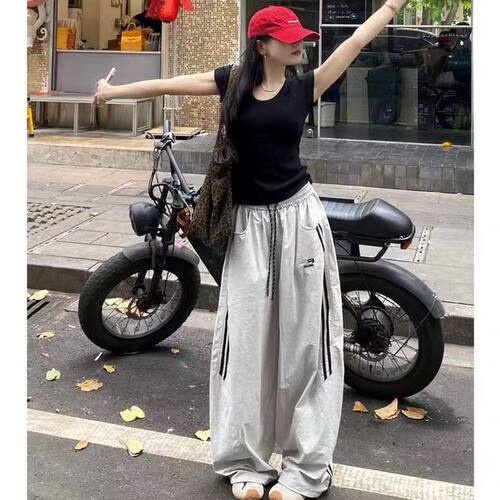 美式刺绣条纹速干双杆裤女夏季2026新款宽松直筒速干休闲运动长裤