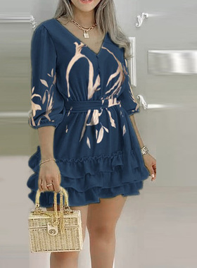 V-neck navy blue ruffle slim dress V领藏蓝色荷叶边显瘦连衣裙