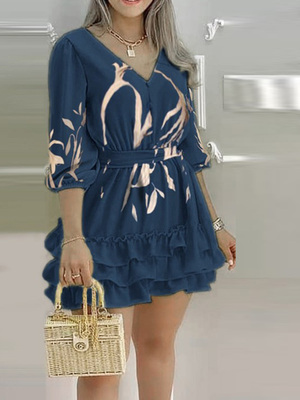 V-neck navy blue ruffle slim dress V领藏蓝色荷叶边显瘦连衣裙