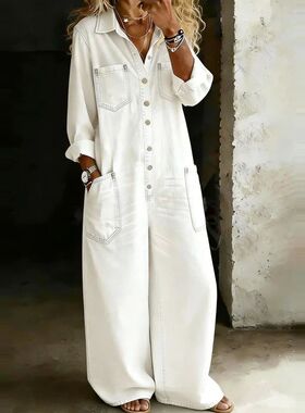 纯色翻领长袖连体衣女Wide Leg Jumpsuit Lar Long Sleeve Cowboy