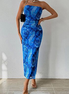 Split hem sleeveless printed dress女士下摆开叉无袖印花连衣裙