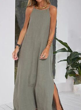 Casual cotton and linen slit suspender dress棉麻吊带连衣裙女