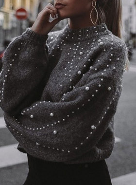 Solid Color O-Neck Pullover And Pearl Loose Sweater Hot Sale