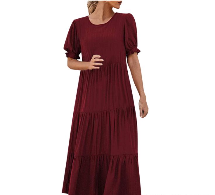 Round neck pleated loose dress   纯色圆领褶皱宽松连衣裙 女装/女士精品 连衣裙 原图主图