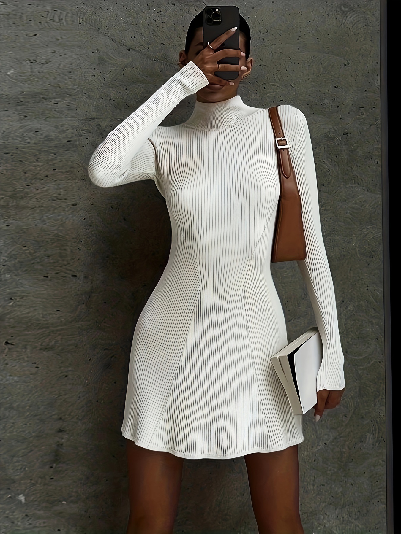 女士纯色长袖针织连衣裙