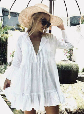 Women Swimwear Summer Beach Wear V Neck  Shirt Dresses