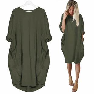 Women Dress 休闲宽松纯色口袋连衣裙女中裙 欧洲站2021早秋新款