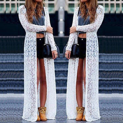 Lace Floral Sheer Maxi Dress Long Cardigan Beach Shirt