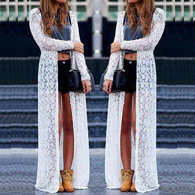 Lace Floral Sheer Maxi Dress Long Cardigan Beach Shirt