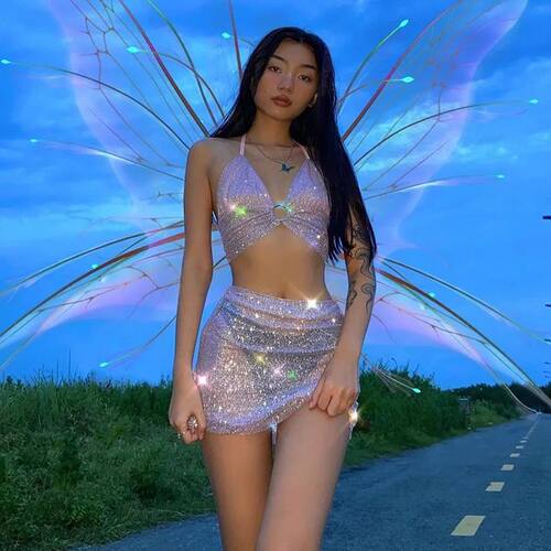 Sleeveless transparent silk skirt set 无袖套头透视亮丝裙套装