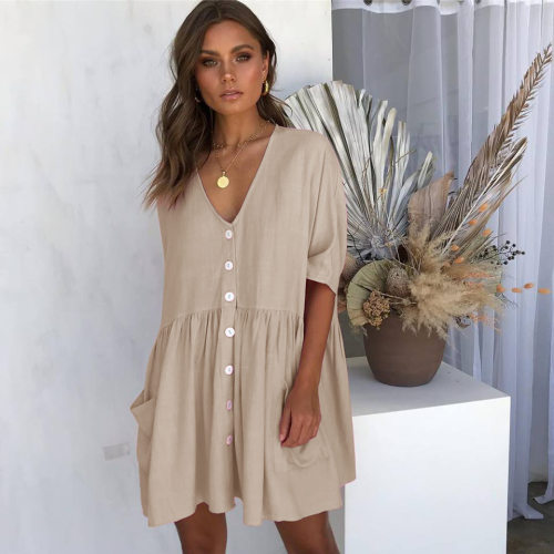 V-Neck Solid Loose Pocket Short Dress v领宽松口袋短款连衣裙