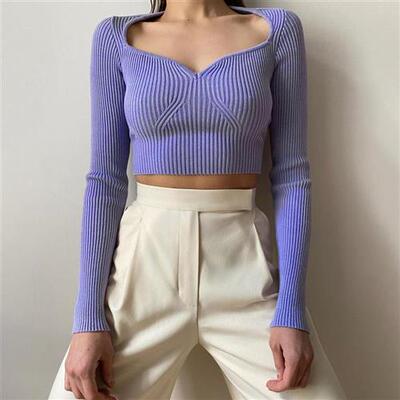 V-neck flong-sleeved slim top women长袖修身上衣桃心V领毛织衫