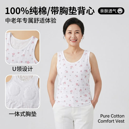 纯棉中老年人妈妈背心带胸罩内衣