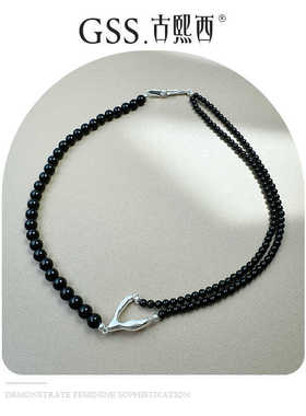 复古Y型项链古熙西S925银黑玛瑙