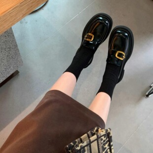 增高加绒真皮厚底乐福鞋2025春季新款方扣粗跟单鞋女英伦风小皮鞋