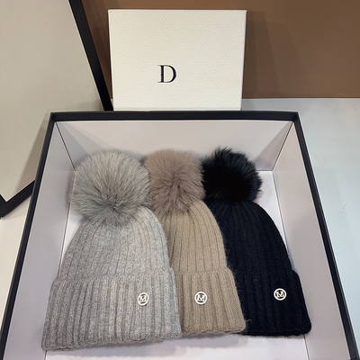 法国定制m标大狐狸毛球针织帽