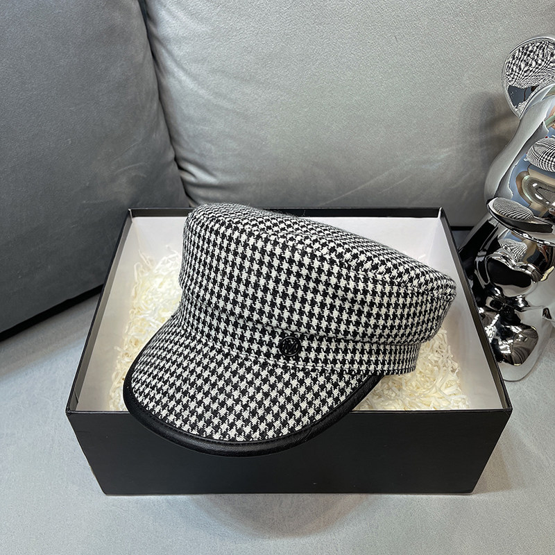 法国秋冬新款千鸟格海军帽子经典复古八角帽平顶鸭舌帽英伦报童帽