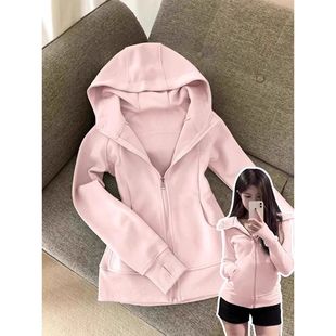 粉色多巴胺开衫显瘦修身卫衣外套女春秋短款紧身连帽上衣2025开春