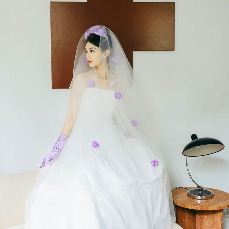 Mi唐手作花朵头纱领证求婚新娘婚纱头纱头饰紫色短头纱拍照用