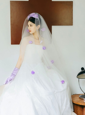 Mi唐手作紫色花朵头纱领证求婚