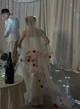 Mi唐手作红色头纱长新娘主婚纱领证拍照求婚用拍照好看的头纱